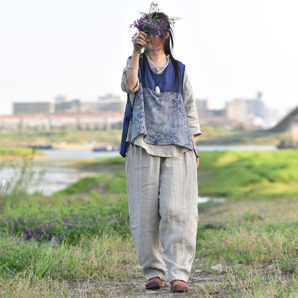 燕燕~春夏款 原創棉麻女裝文藝復古數位印花坎肩撞色無袖背心上衣 