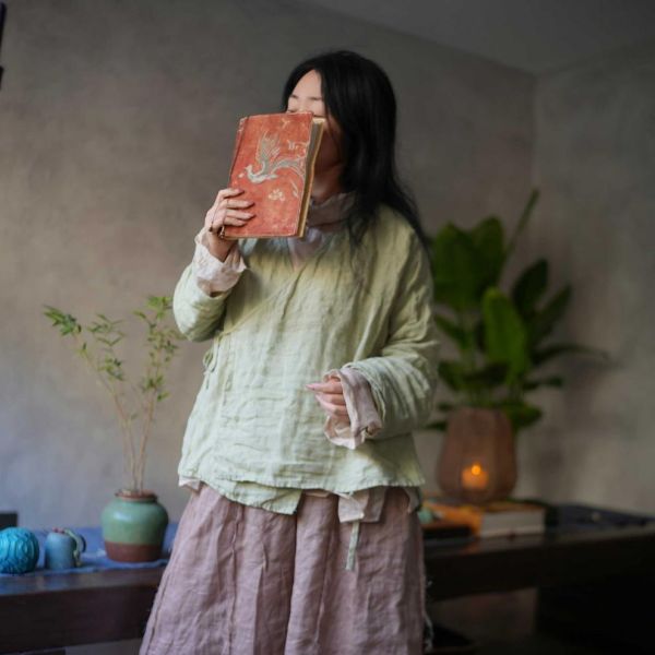 燕燕~砂洗亞麻 傳統交領繫帶百搭長袖襯衫 上衣小開襟衫 