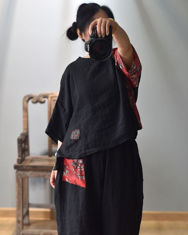 燕燕~棉麻商品~亞麻材質 拼布斜襟盤扣上衣 七分袖棉麻衫 