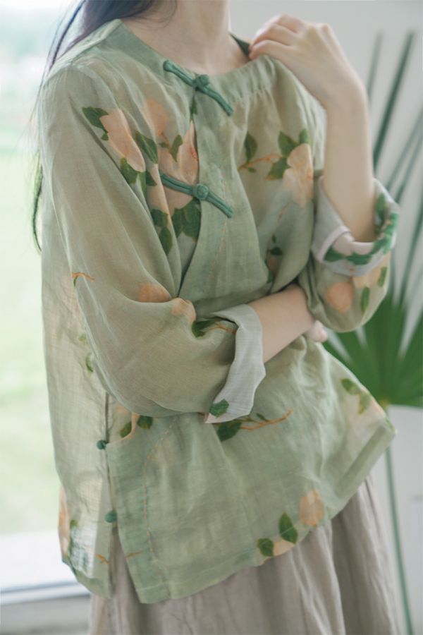 燕燕~苧麻 斜襟數碼印花襯衫 文藝茶服玉蘭上衣. ab2221001 