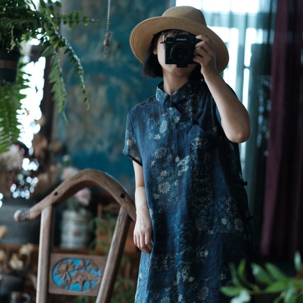 燕燕～夏季新款. 純苧麻. 數碼印花立領盤扣 洋裝 連身裙。ab133301 