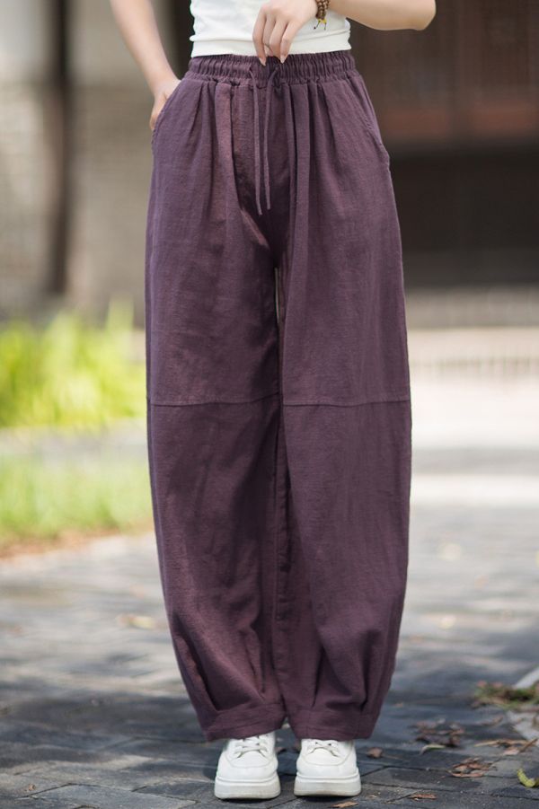 燕燕~秋新款 苧麻砂洗文藝百搭鬆緊腰長褲 哈倫褲 