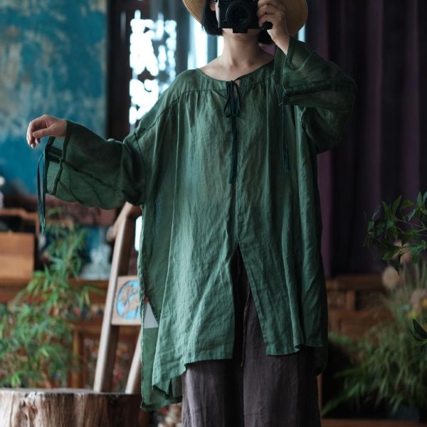 燕燕~（寬鬆版型）夏季新款 復古文藝圓領繫帶寬鬆禪意T恤 高級感襯衫 ab220301 