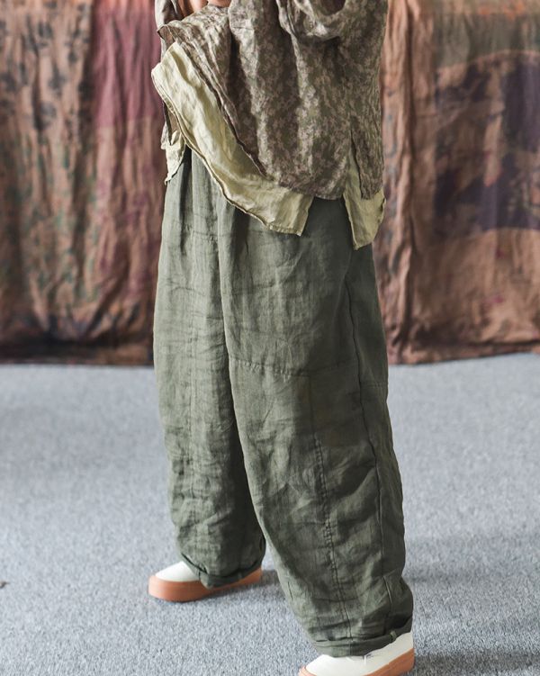 燕燕～四季款  高支砂洗苧麻鬆緊腰 寬鬆休閒長褲 直筒褲 民俗風寬褲 
