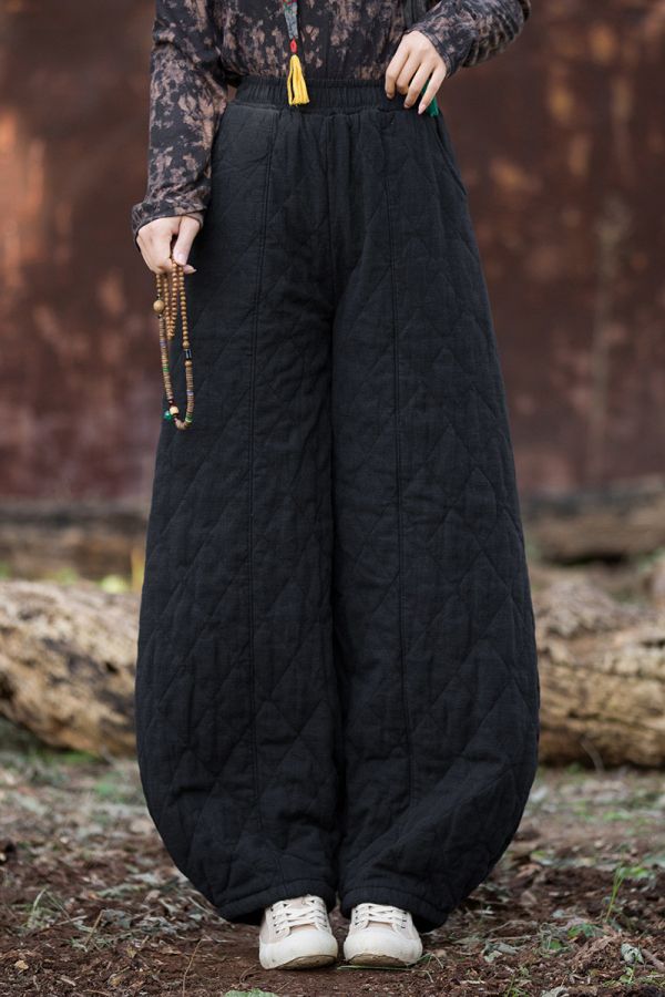 燕燕~冬季新款 復古夾棉絎縫菱形格加厚保暖燈籠棉褲 