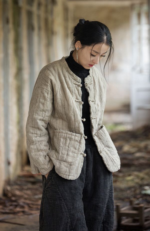 燕燕~冬季新款 苧麻紮染夾棉絎縫保暖棉服棉襖 棉衣外套 
