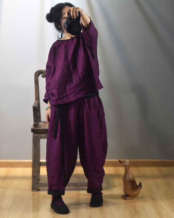 燕燕~春秋新款 色織亞麻寬鬆蘿蔔褲 休閒旅行燈籠褲禪意闊腿褲 