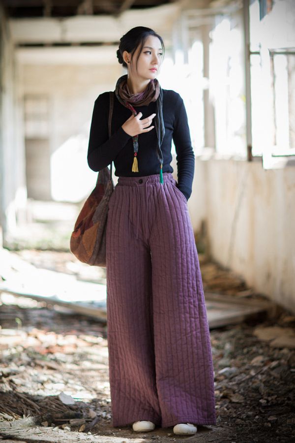 燕燕~冬季新品 苧麻夾棉豎格絎縫闊腿褲 加厚保暖高級感棉褲 