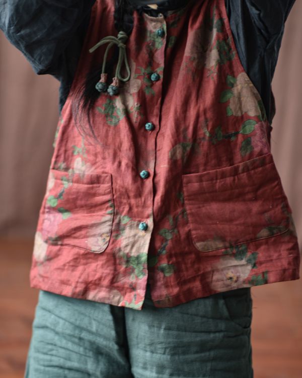 燕燕~棉麻商品~亞麻 香雲紗印花復古盤扣開衫背心 