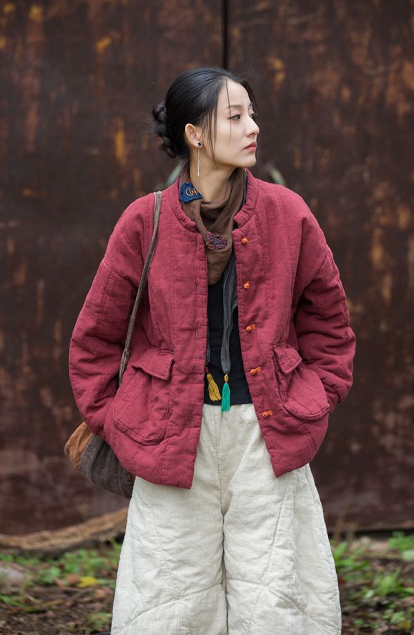 燕燕~冬新款  苧麻夾棉絎縫保暖棉服改良盤扣立領百搭女式短棉衣 外套 
