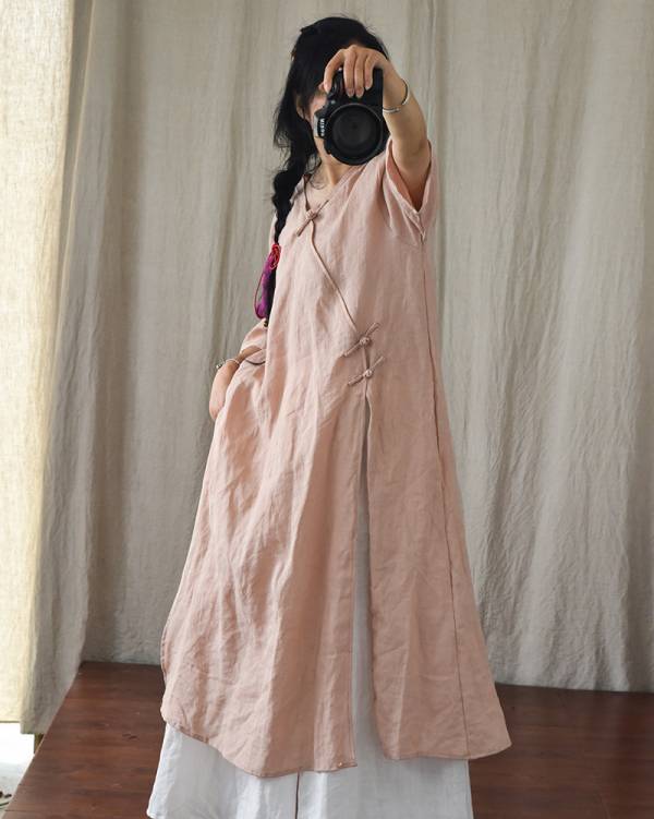 燕燕~棉麻商品~苧麻材質 手工盤扣改良寬鬆洋裝 連身裙 