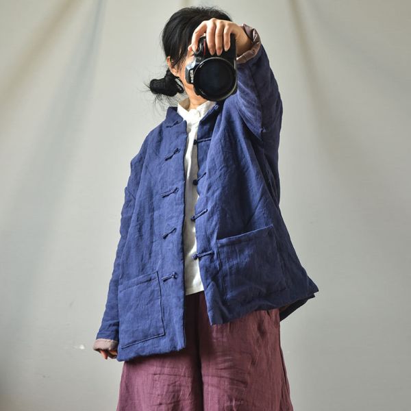 燕燕~秋冬新品～亞麻 中式傳統手縫盤扣禪意棉服 文藝復古男女保暖棉衣外套 