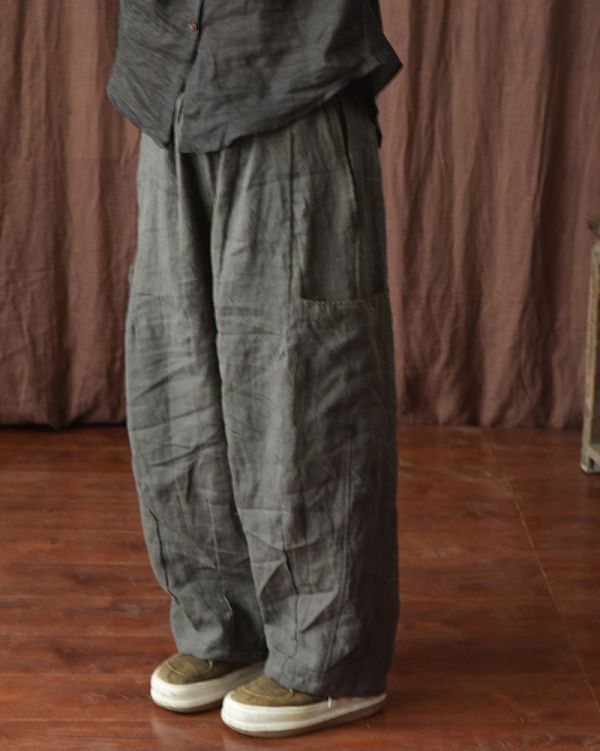 燕燕~春秋夏款 手工縫線工裝 亞麻寬鬆闊腿長褲 休閒褲 