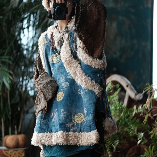 燕燕 復古斜襟盤扣羊捲毛夾棉背心棉衣棉服外套 ab2224101 