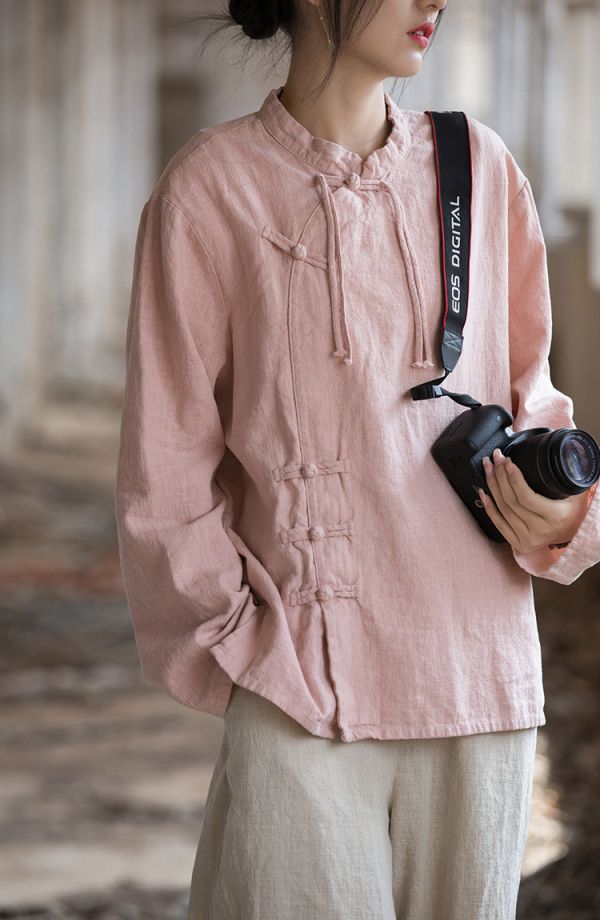 燕燕~莧麻棉 手工盤扣砂洗改良上衣 文藝範女式長袖T恤 