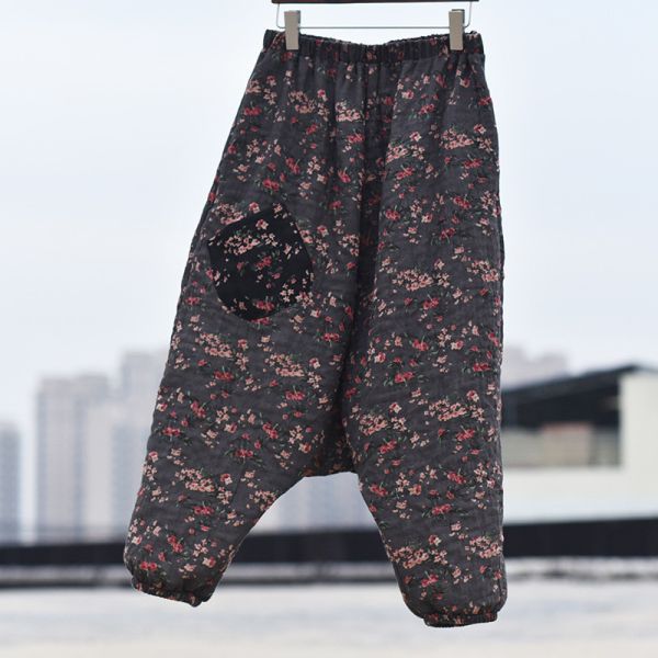 燕燕~棉麻 文藝吊襠褲寬鬆休閒雙層紗復古哈倫褲 印花鬆褲 