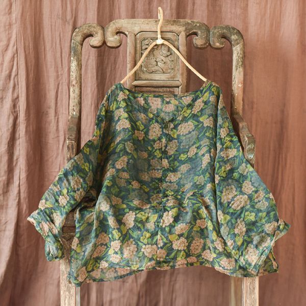 燕燕~棉麻商品~春秋夏款  輕薄苧麻. 數碼印花文藝復古長袖 上衣 女式襯衫 外套 