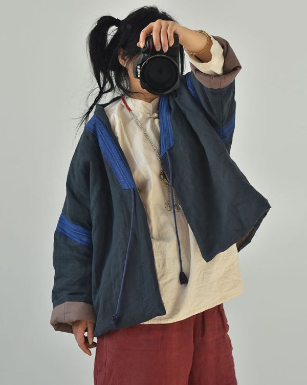 燕燕~秋冬款 亞麻短棉衣 復古老布料拼接繫帶開襟衫棉服外套 0 