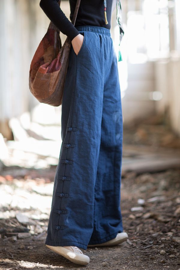 燕燕~秋冬新款 苧麻夾棉絎縫長褲 個性百搭保暖女款直筒棉褲 