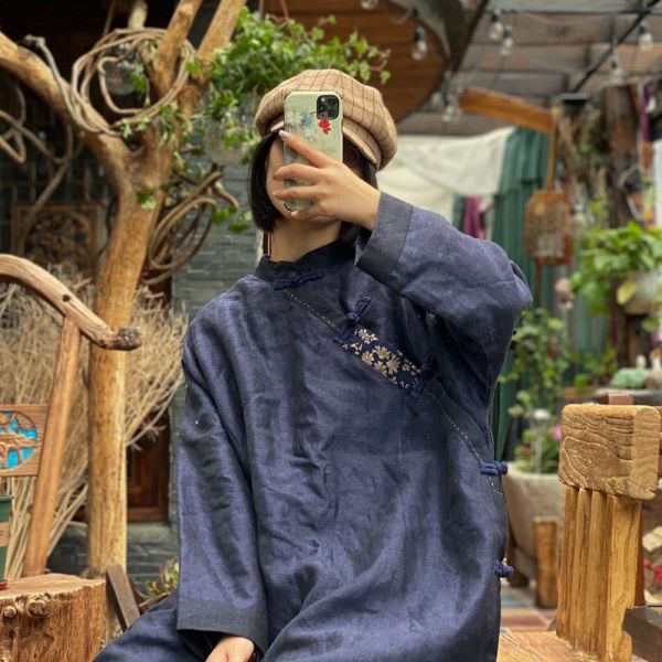 燕燕~棉麻商品~新中式色織蘭麻懷舊立領斜襟磨有里夾袍洋裝。連身裙。 ab176201 