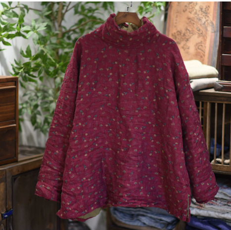 燕燕～印花亞麻夾棉高領套頭打底衫 高領上衣 ab25501 