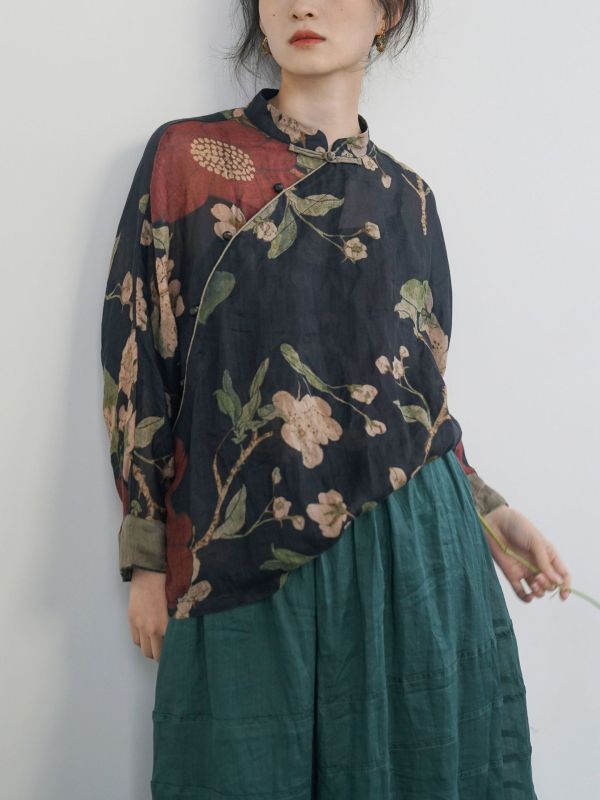 燕燕~薄透莧麻 復古夏繁花薄透襯衫 中國民族感寬鬆上衣.  ab2409601 