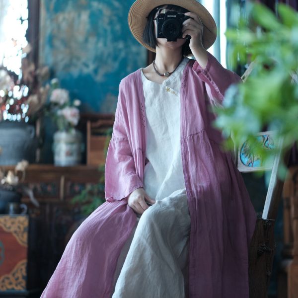 燕燕~純麻 寬鬆百搭手工繡花長外披長外套。ab219301 