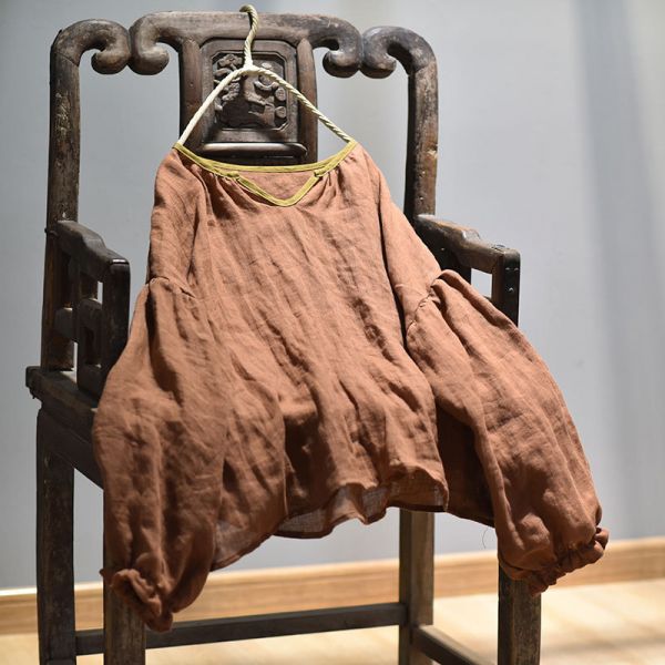 春夏新款 亞麻材質燈籠袖襯衫  木耳邊鬆緊袖上衣 