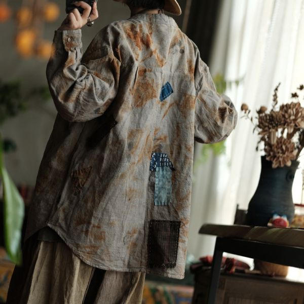 燕燕~亞麻～設計文藝復古做舊寬鬆外套襯衫 (植物染） 