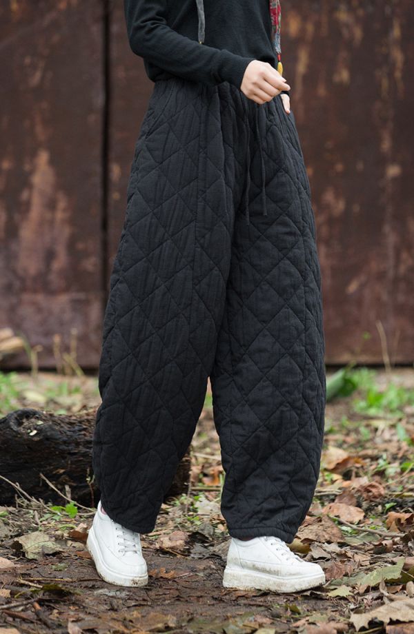 燕燕~秋冬新款 夾棉加厚絎縫菱形格老爹褲 文藝寬鬆百搭女式棉褲 長褲 