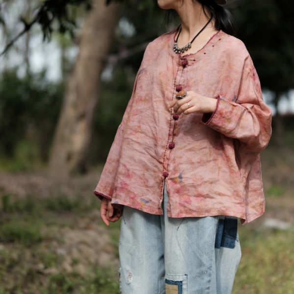 燕燕～春新款 純亞麻 寬鬆百搭襯衫盤扣毛邊小衫上衣 長袖棉麻衫 ab204301 
