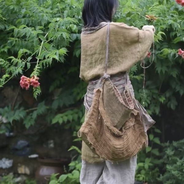 燕燕~苧麻亞麻拼布復古托特大包斜背包 