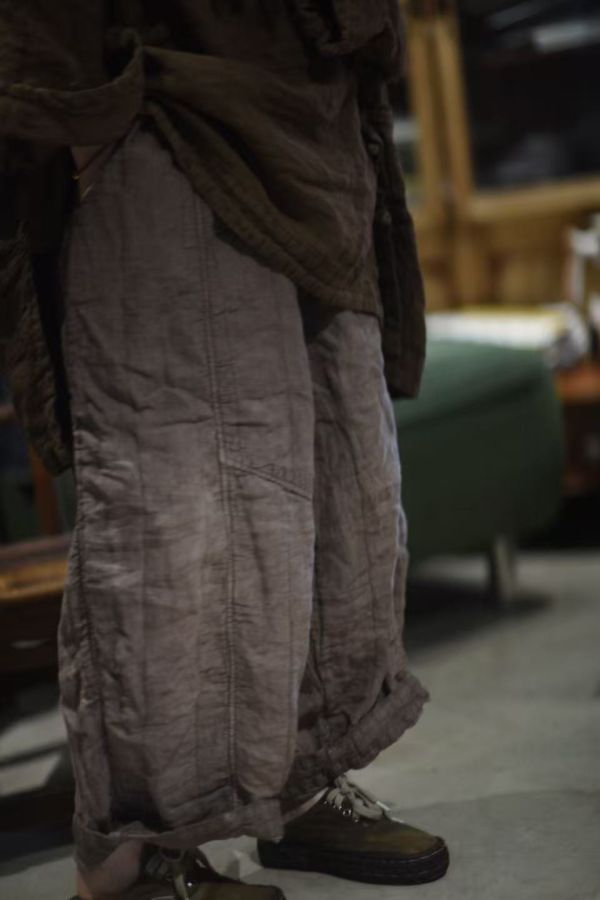 燕燕～秋冬款~雙層厚實復古做舊寬鬆闊腿休閒長褲 