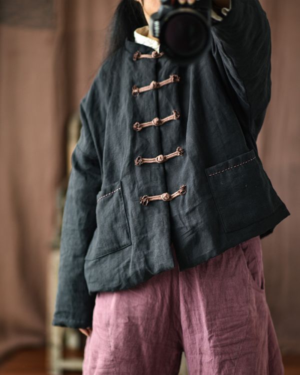 燕燕~秋冬新款 亞麻 文藝中式盤扣棉衣棉服外套 