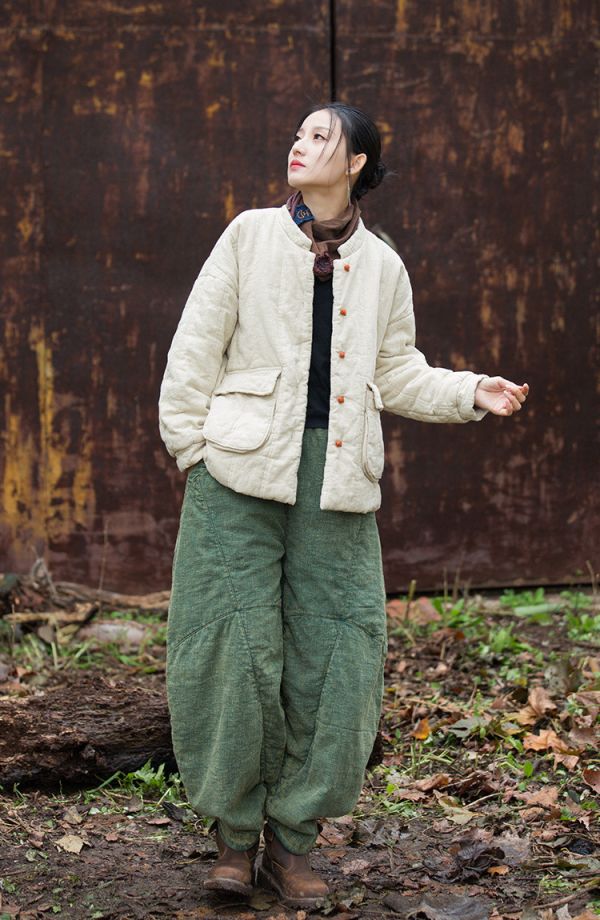 燕燕~冬新款  苧麻夾棉絎縫保暖棉服改良盤扣立領百搭女式短棉衣 外套 