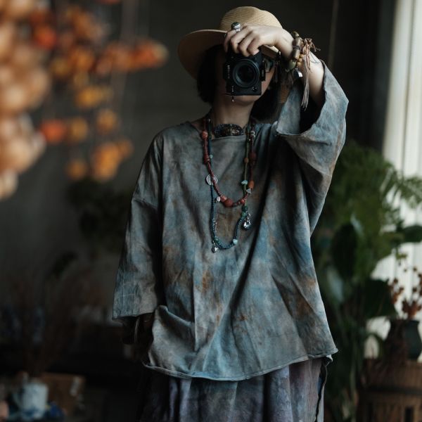 燕燕~復古手工植物染針織棉寬鬆百搭打底T恤 上衣 ab237201 