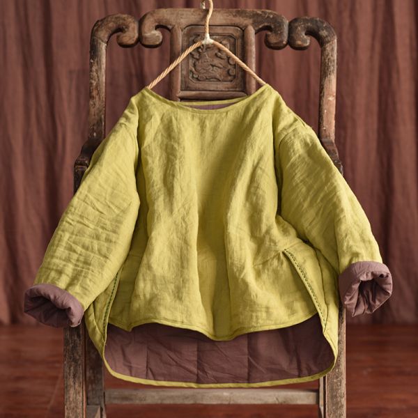 燕燕~棉麻商品~苧麻 寬鬆夾棉短款上衣 文棉服 寬鬆手工縫線棉衣上衣 