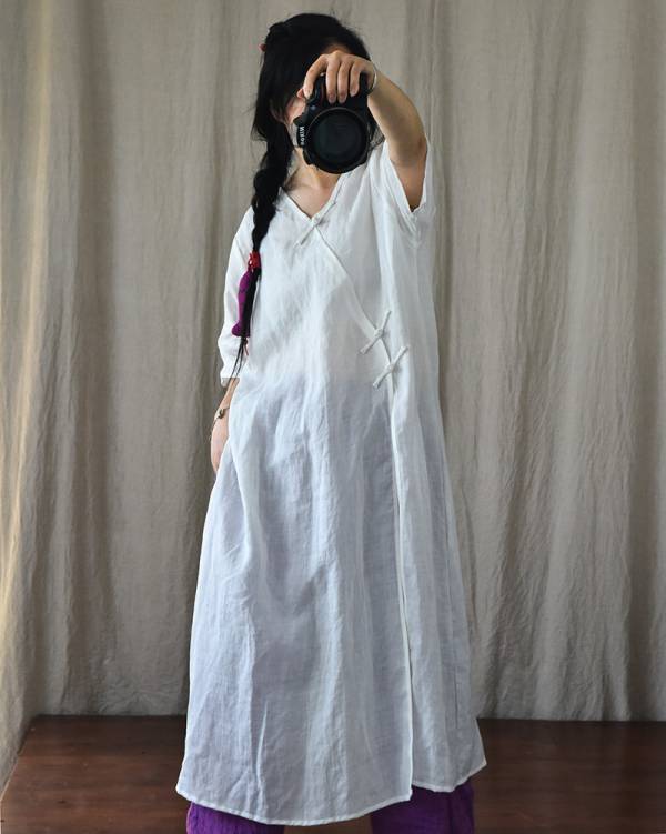 燕燕~棉麻商品~苧麻材質 手工盤扣改良寬鬆洋裝 連身裙 