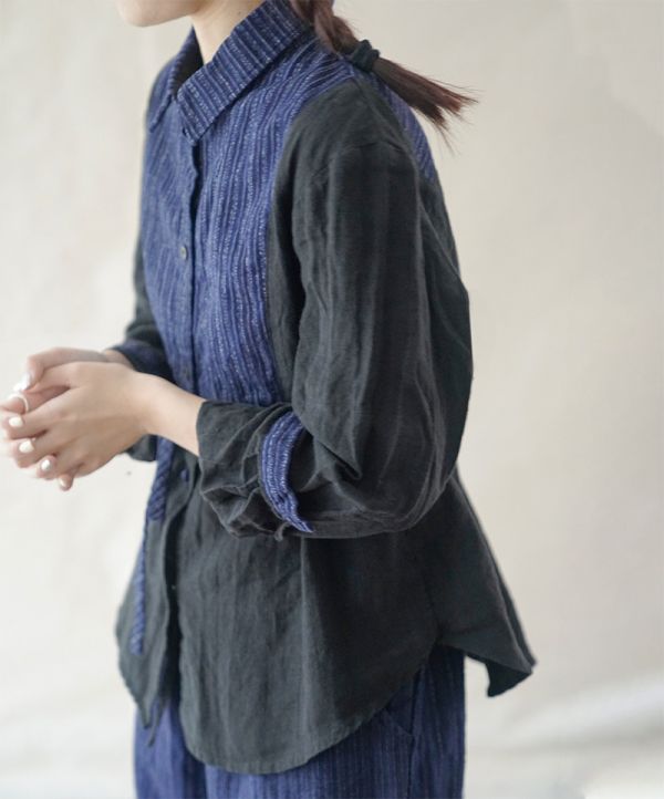 燕燕~亞麻 手工老布拼接個性複古做舊開衫襯衫 ab2103001 