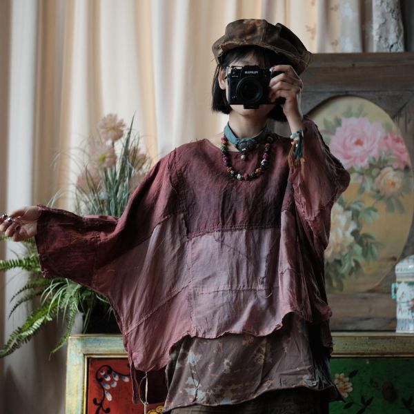 燕燕~輕訂製 植物染毛邊圓領寬鬆小衫 上衣  ab208901 （植物染商品顏色不會一模一樣喔） 