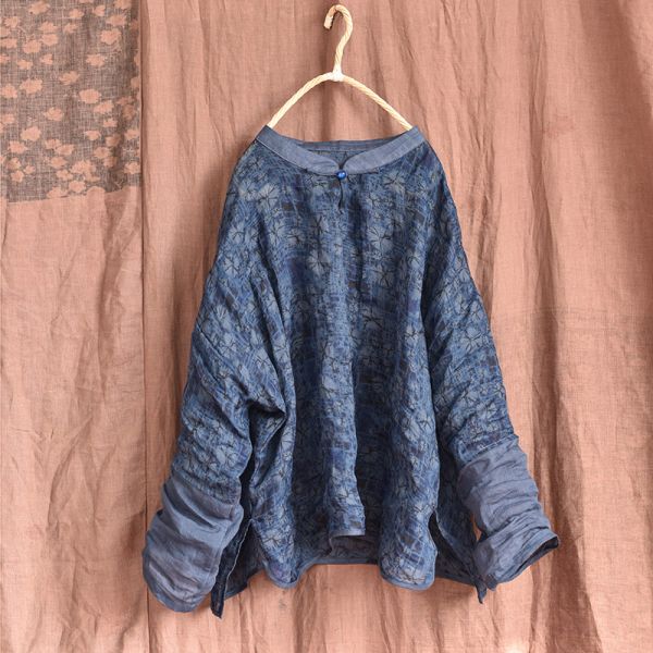 燕燕~棉麻商品~苧麻 香雲紗印花款  禪意茶服 襯衫 藍上衣 