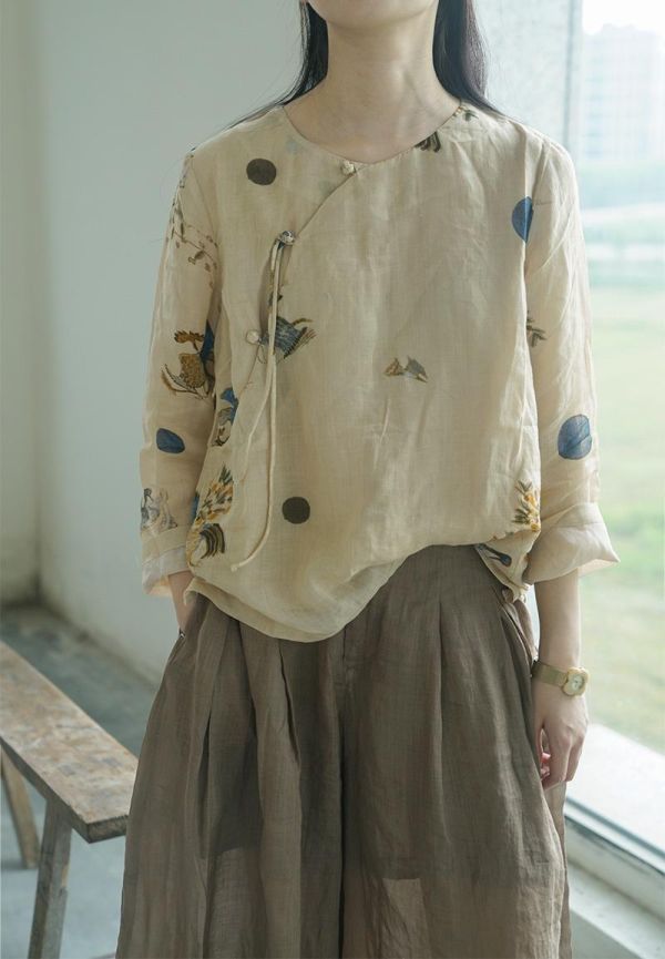 燕燕棉麻～夏款 設計中式斜襟數位印花莧麻上衣 茶服雙層防透禪意襯衫 ab2218201 