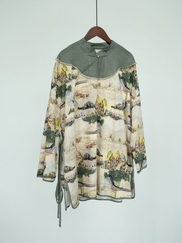 燕燕~純棉 全新中式古典新意中長上衣 印花純棉雲肩襯衫   ab2415001 