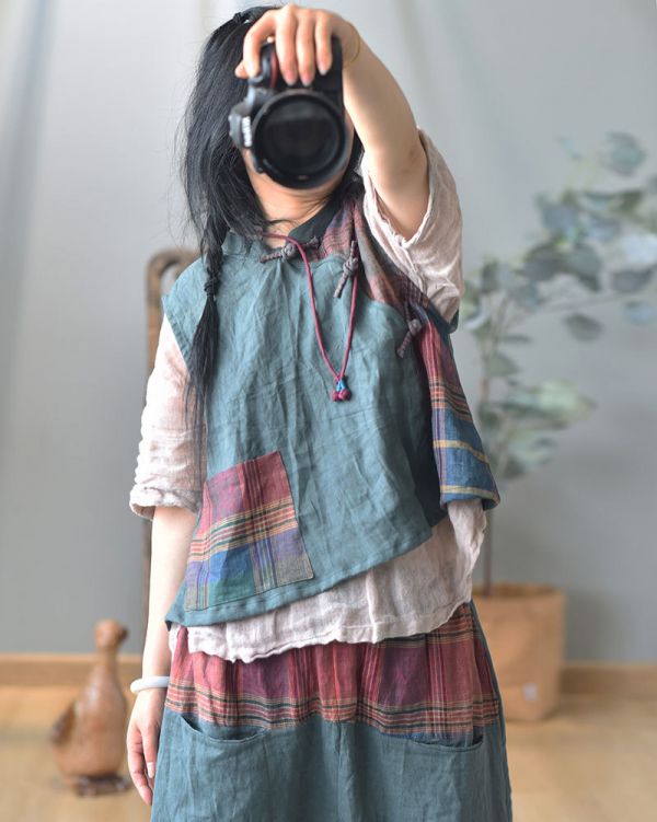 燕燕棉麻 秋冬款 拼色偏襟盤扣背心 