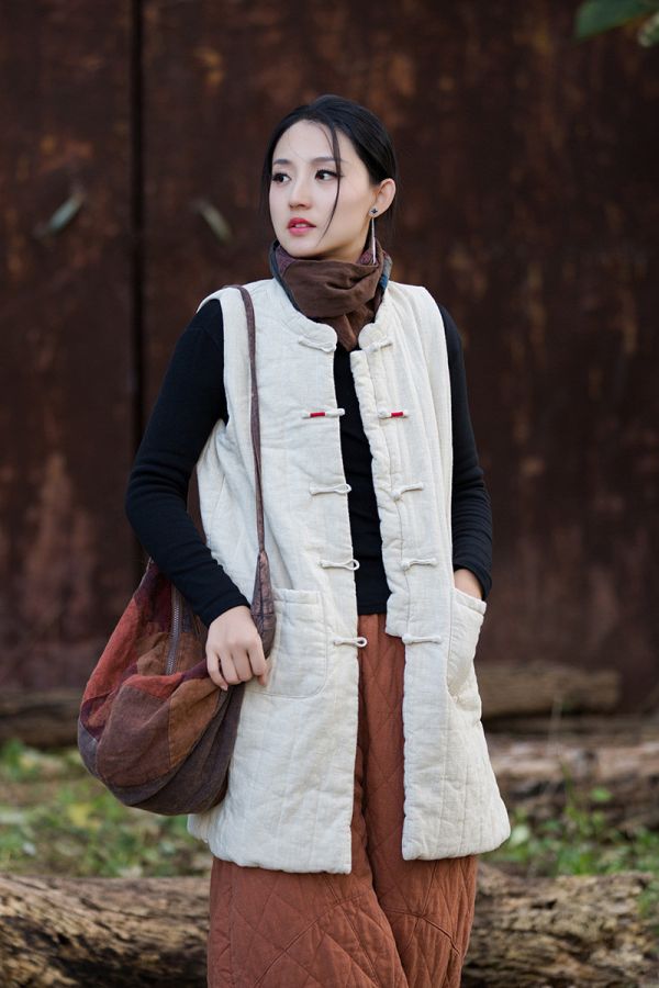 燕燕~冬季新款 苧麻豎格絎縫炒色夾棉保暖背心 