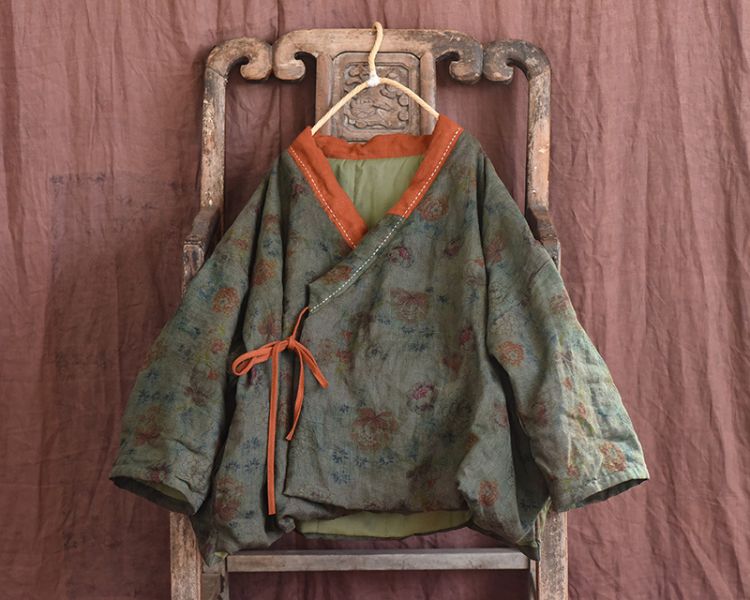 燕燕~棉麻商品~亞麻材質 印花 繫帶夾棉短棉襖 棉衣外套 