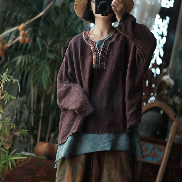 燕燕～春季新款 純亞麻 水洗領口拼接繡花片蝙蝠袖襯衫上衣 長袖棉麻衫 ab202201 