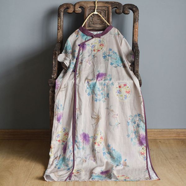 燕燕~棉麻商品 苧麻材質 數碼印花斜襟盤扣文藝開衩長旗袍 洋裝 連身裙  