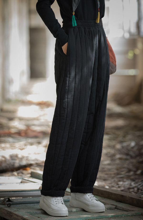 燕燕~冬季新款 夾棉加厚保暖休閒褲 絎縫豎格個性棉褲 長褲 