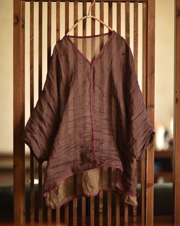 燕燕. 春夏新款 雙色輕薄襯衫 撞色V領手工針跡繡線文藝麻衫 上衣 